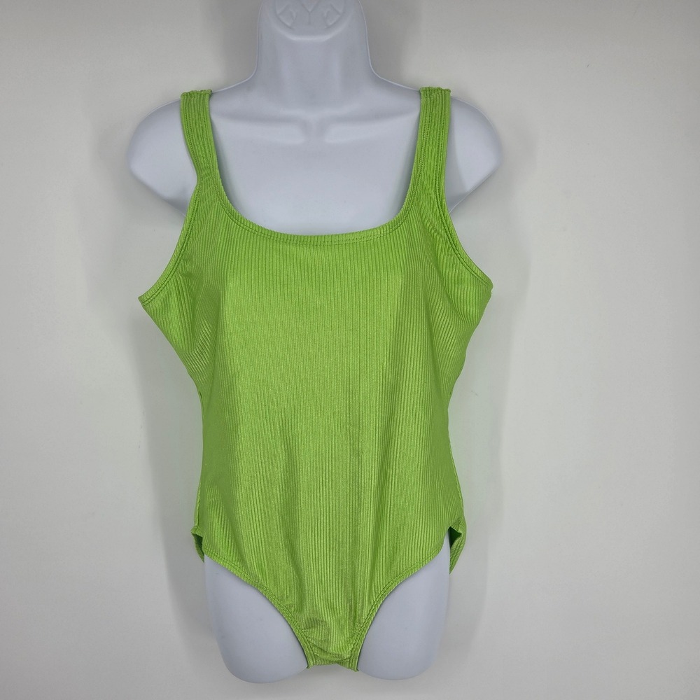 Catalina Womens 2X Lime Green Ribbed One Piece Swimsuit Scoop Neck Retro 950612